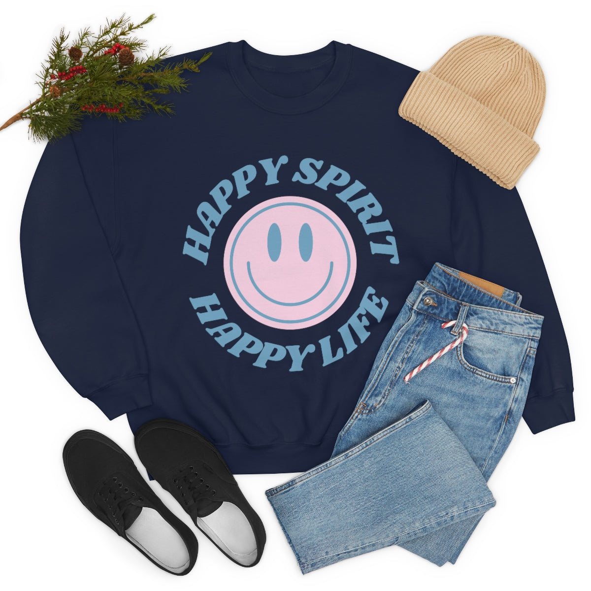 Happy Spirit Happy Life Sweatshirt, VSCO Girl Crewneck, Oversized Retro Font Graphic Tumblr, Front Print Smile Face Trendy Cover Up Top