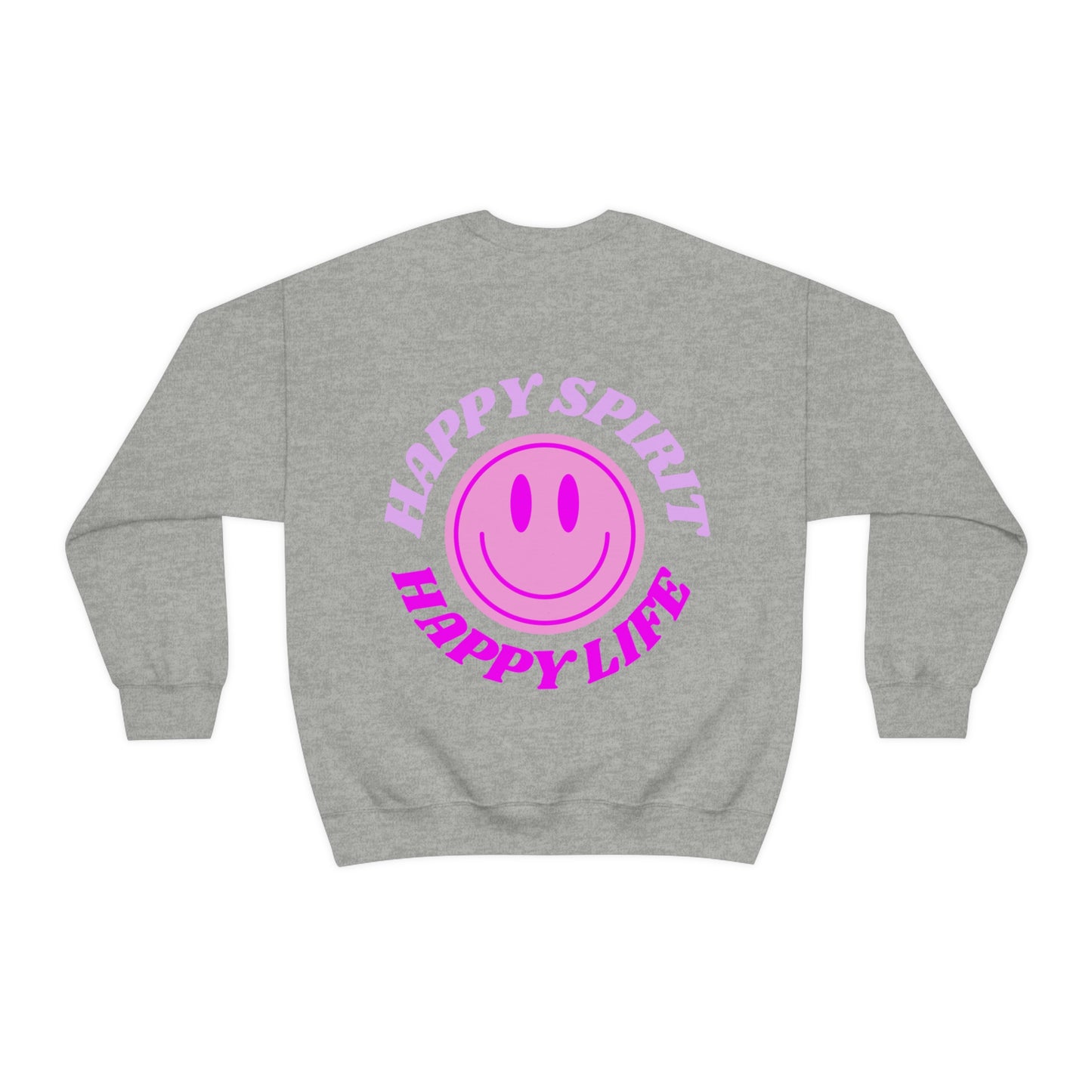 Happy Spirit Happy Life Sweatshirt, Gildan VSCO Girl Crewneck, Oversized Tumblr Front Back Print Smile Happy Mind Trendy Retro Surf Font