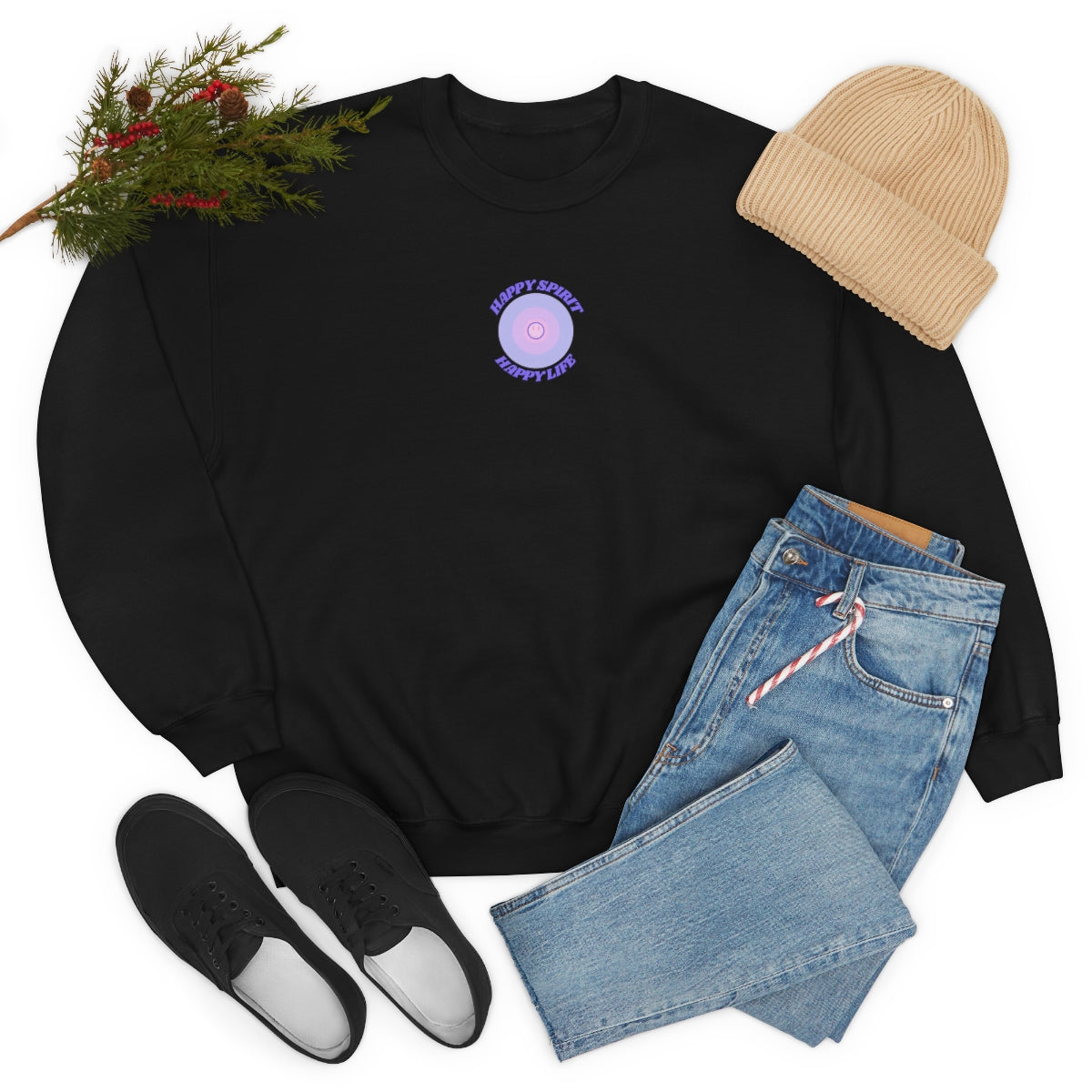 Retro Happy Spirit Happy Life Lavender Lilac Pink Smile Graphic Crewneck, VSCO Girl Sweatshirt, Tumblr Oversized Trendy Back Print Pullover