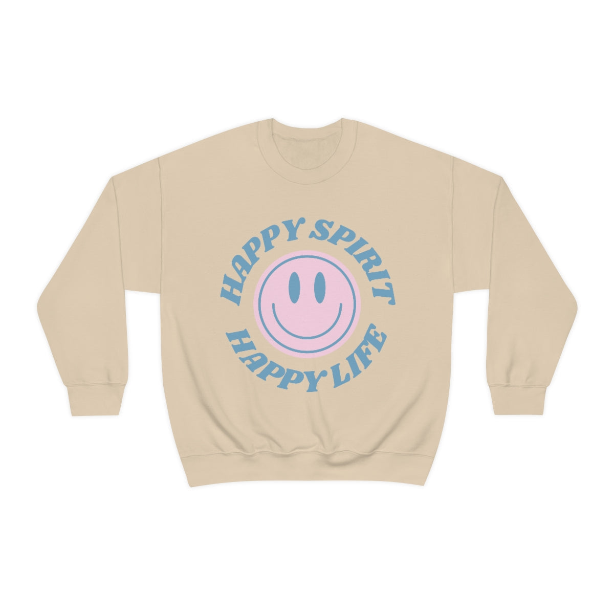 Happy Spirit Happy Life Sweatshirt, VSCO Girl Crewneck, Oversized Retro Font Graphic Tumblr, Front Print Smile Face Trendy Cover Up Top