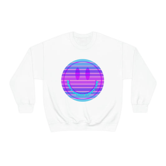 Happy Spirit Happy Life Sweatshirt, VSCO Girl Crewneck, Oversized Retro Font Graphic Tumblr, Front Print Smile Face Trendy Cover Up