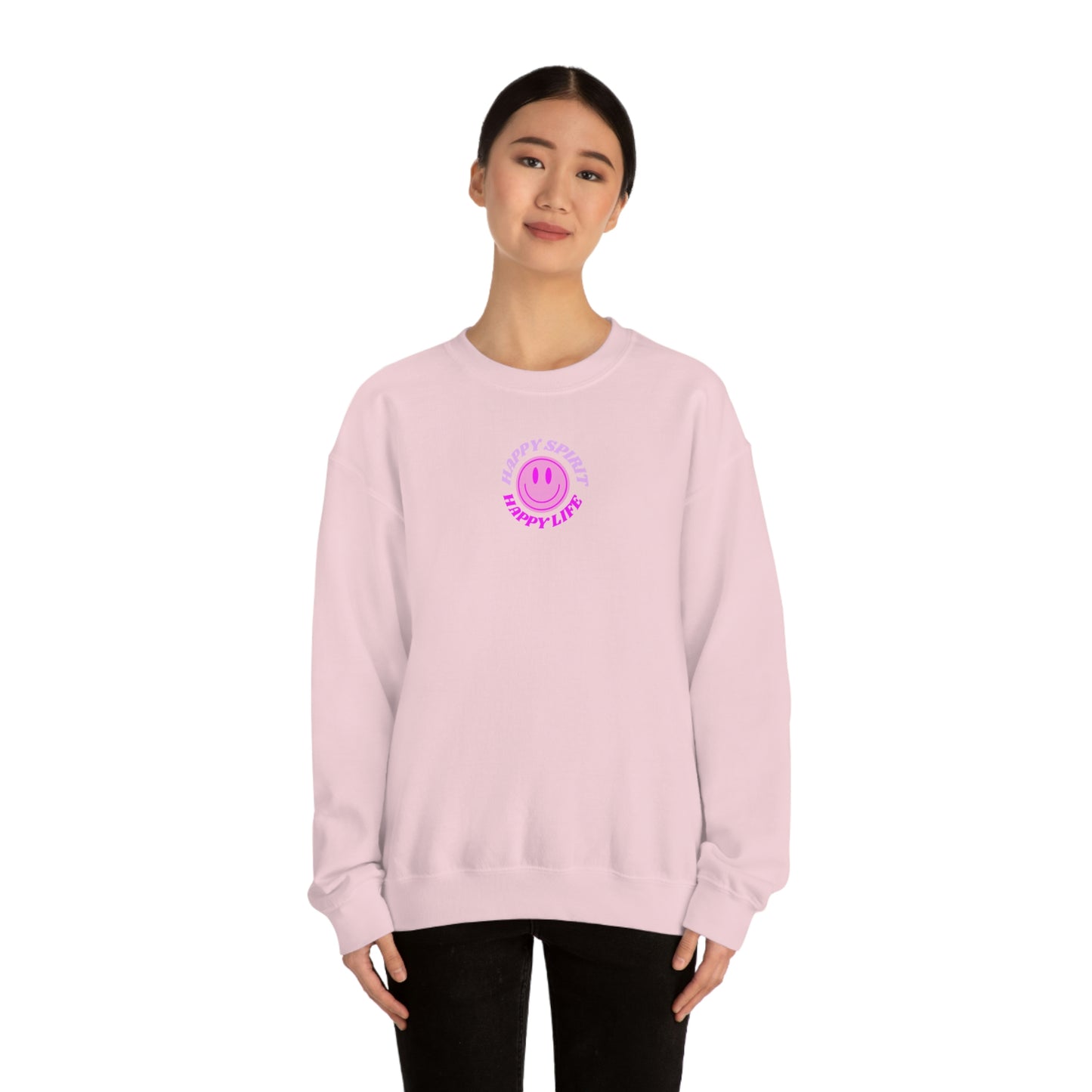 Happy Spirit Happy Life Sweatshirt, Gildan VSCO Girl Crewneck, Oversized Tumblr Front Back Print Smile Happy Mind Trendy Retro Surf Font