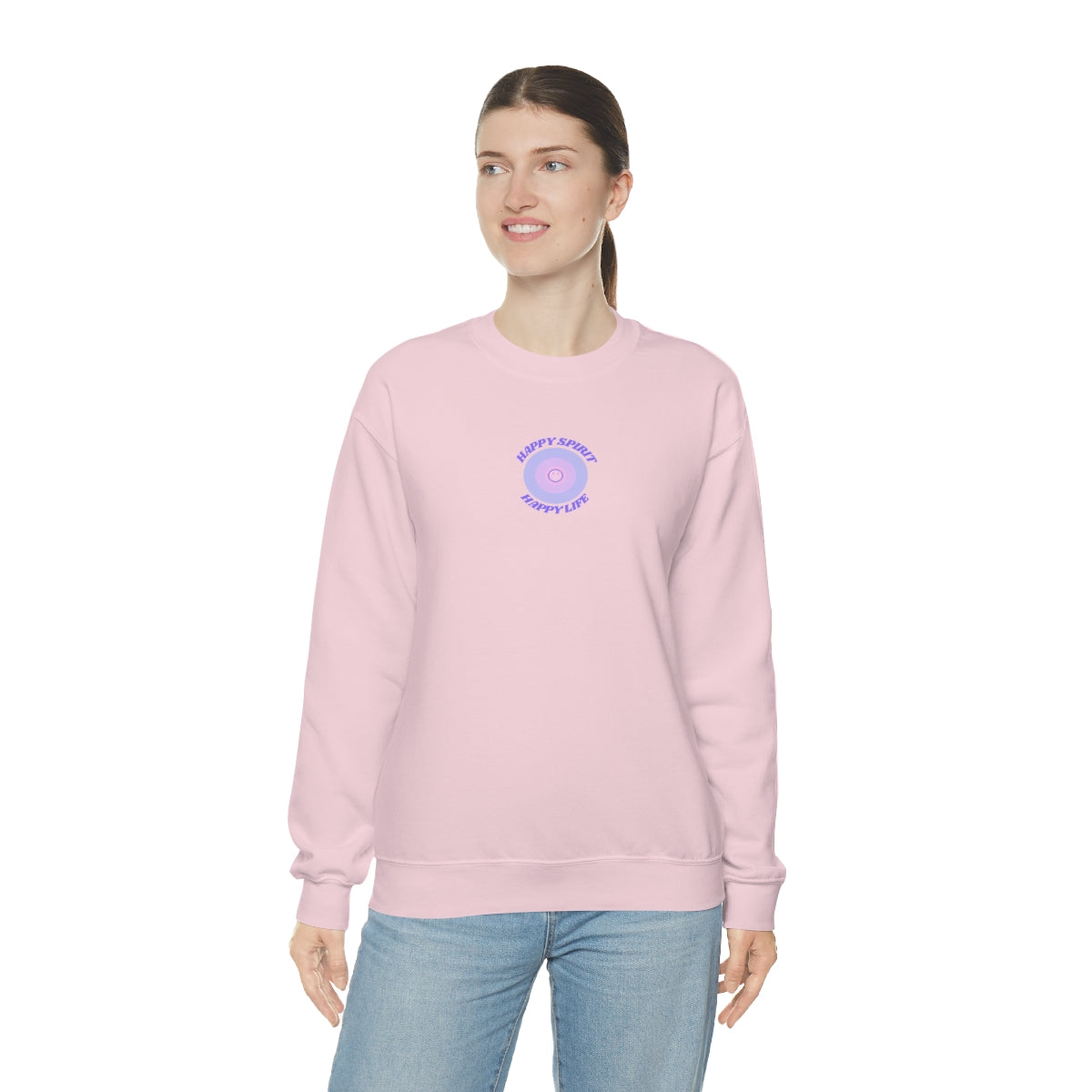 Retro Happy Spirit Happy Life Lavender Lilac Pink Smile Graphic Crewneck, VSCO Girl Sweatshirt, Tumblr Oversized Trendy Back Print Pullover