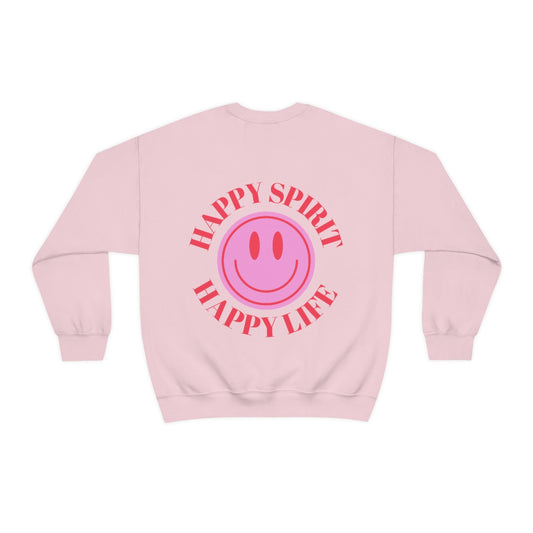 Happy Spirit Happy Life Sweatshirt, Gildan VSCO Girl Crewneck, Oversized Tumblr Front Back Print Smile Happy Mind Trendy Beach Lake Cover Up