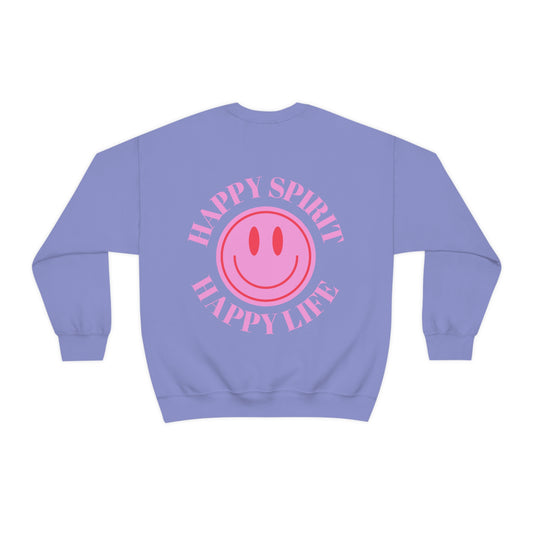 Retro Happy Spirit Happy Life Lavender Lilac Pink Smile Graphic Crewneck, VSCO Girl Sweatshirt, Tumblr Oversized Trendy Back Print Y2k Top