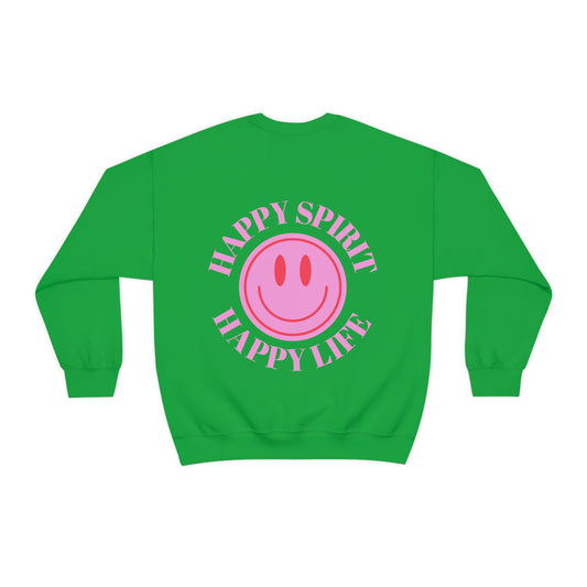 Happy Spirit Happy Life Sweatshirt, Gildan VSCO Girl Crewneck, Oversized Tumblr Front Back Print Smile Happy Mind Trendy Loungewear