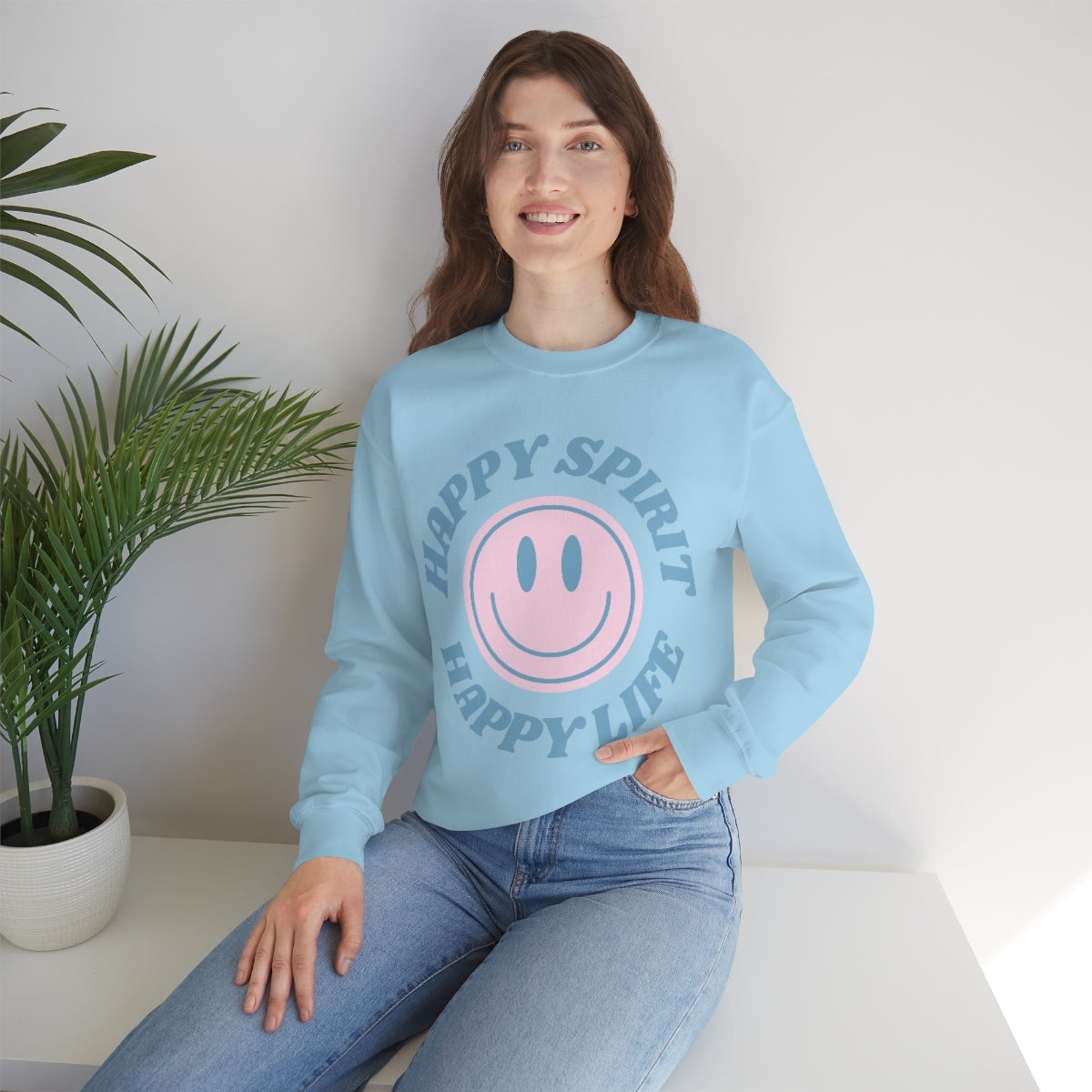 Happy Spirit Happy Life Sweatshirt, VSCO Girl Crewneck, Oversized Retro Font Graphic Tumblr, Front Print Smile Face Trendy Cover Up Top