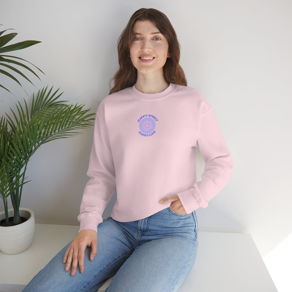 Retro Happy Spirit Happy Life Lavender Lilac Pink Smile Graphic Crewneck, VSCO Girl Sweatshirt, Tumblr Oversized Trendy Back Print Pullover