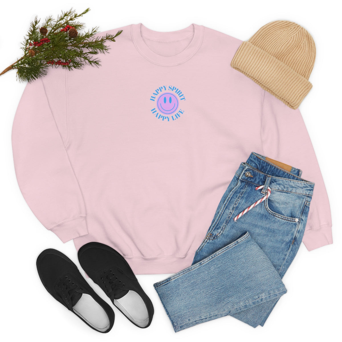 Happy Spirit Happy Life Sweatshirt, Gildan VSCO Girl Crewneck, Oversized Tumblr Front Back Print Smile Happy Mind Trendy Beach Lake Cover Up