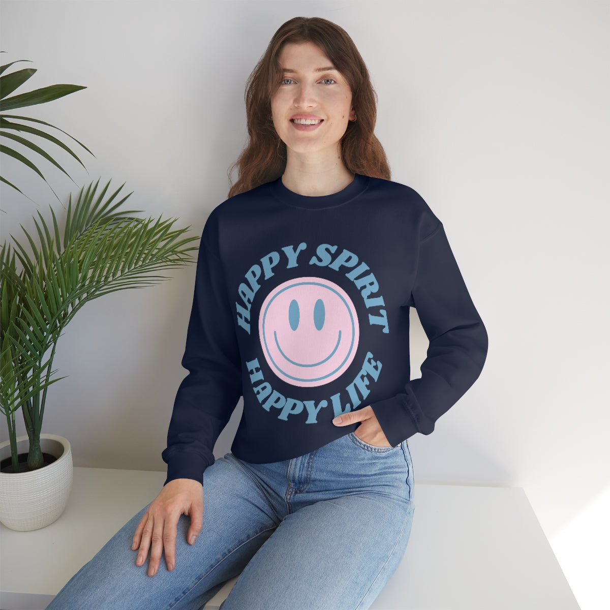 Happy Spirit Happy Life Sweatshirt, VSCO Girl Crewneck, Oversized Retro Font Graphic Tumblr, Front Print Smile Face Trendy Cover Up Top