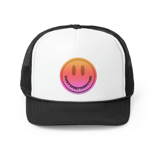 Hat Happy Spirit Happy Life, Aesthetic Sunset Hat, Smile Tumblr Hat, Trendy Trucker Hat, Vsco Girl, Pink Graphic Trucker Hat, Baseball Hat