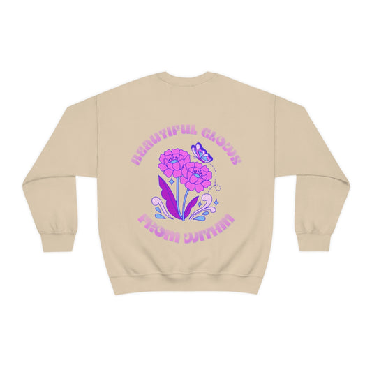 Beautiful Glows from Within Purple Flower Sweatshirt, Oversized Crewneck, Front Back Print Trendy Sweatshirt, Beach Cover Up, Lake Cover Up