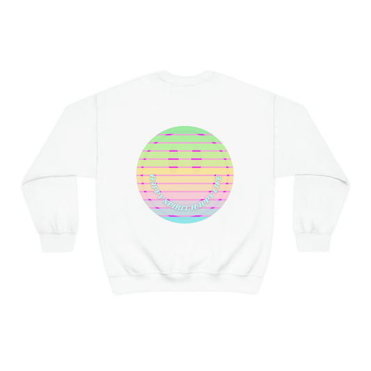 Happy Spirit Happy Life Sweatshirt, VSCO Girl Crewneck, Oversized Retro Font Graphic Tumblr, Front Print Smile Face Trendy Cover Up