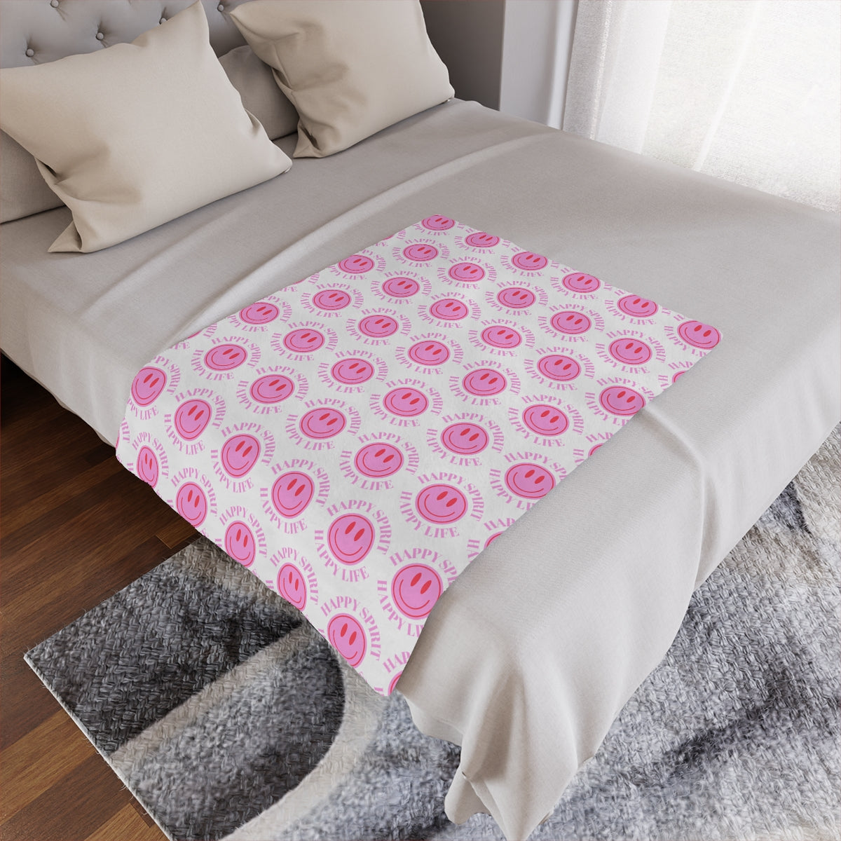 Adult Pink Smile Minky Blanket, Happy Spirit Happy Life Happy Mind Blanket, Aesthetic Blanket, Adult Fleece Smile Pink Y2k Throw