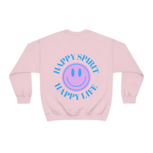 Happy Spirit Happy Life Sweatshirt, Gildan VSCO Girl Crewneck, Oversized Tumblr Front Back Print Smile Happy Mind Trendy Beach Lake Cover Up