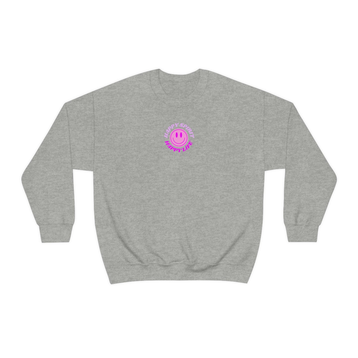 Happy Spirit Happy Life Sweatshirt, Gildan VSCO Girl Crewneck, Oversized Tumblr Front Back Print Smile Happy Mind Trendy Retro Surf Font