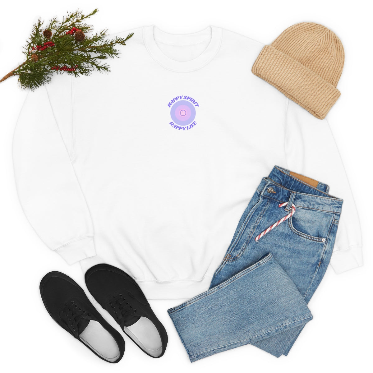 Retro Happy Spirit Happy Life Lavender Lilac Pink Smile Graphic Crewneck, VSCO Girl Sweatshirt, Tumblr Oversized Trendy Back Print Pullover