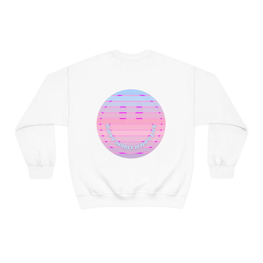 Happy Spirit Happy Life Sweatshirt, VSCO Girl Crewneck, Oversized Retro Font Graphic Tumblr, Front Print Smile Face Trendy Cover Up