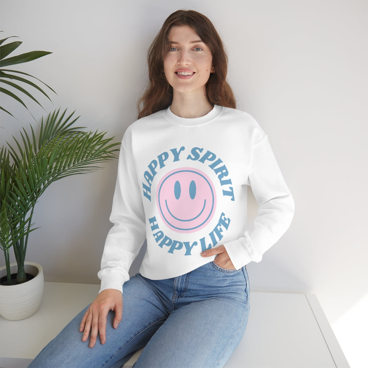 Happy Spirit Happy Life Sweatshirt, VSCO Girl Crewneck, Oversized Retro Font Graphic Tumblr, Front Print Smile Face Trendy Cover Up Top