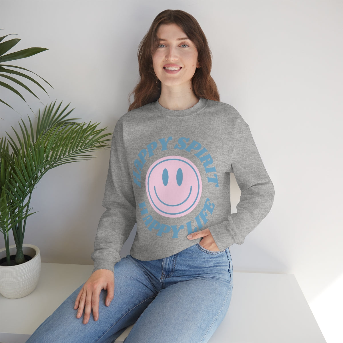 Happy Spirit Happy Life Sweatshirt, VSCO Girl Crewneck, Oversized Retro Font Graphic Tumblr, Front Print Smile Face Trendy Cover Up Top