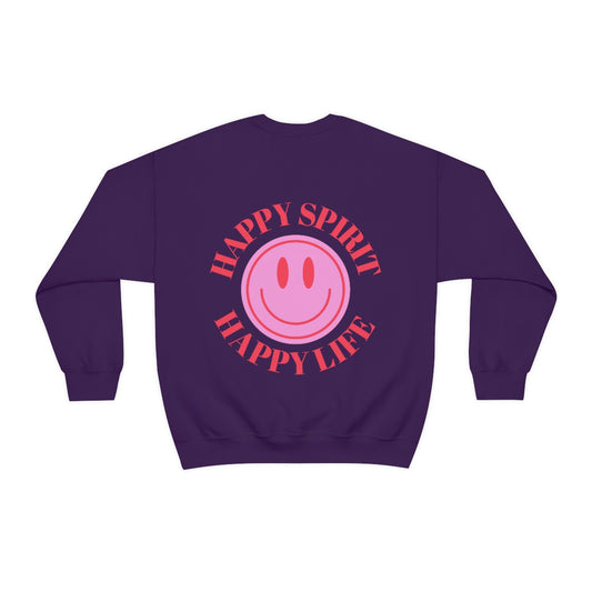 Happy Spirit Happy Life Sweatshirt, Gildan VSCO Girl Crewneck, Oversized Tumblr Front Back Print Smile Happy Mind Trendy Beach Lake Cover Up