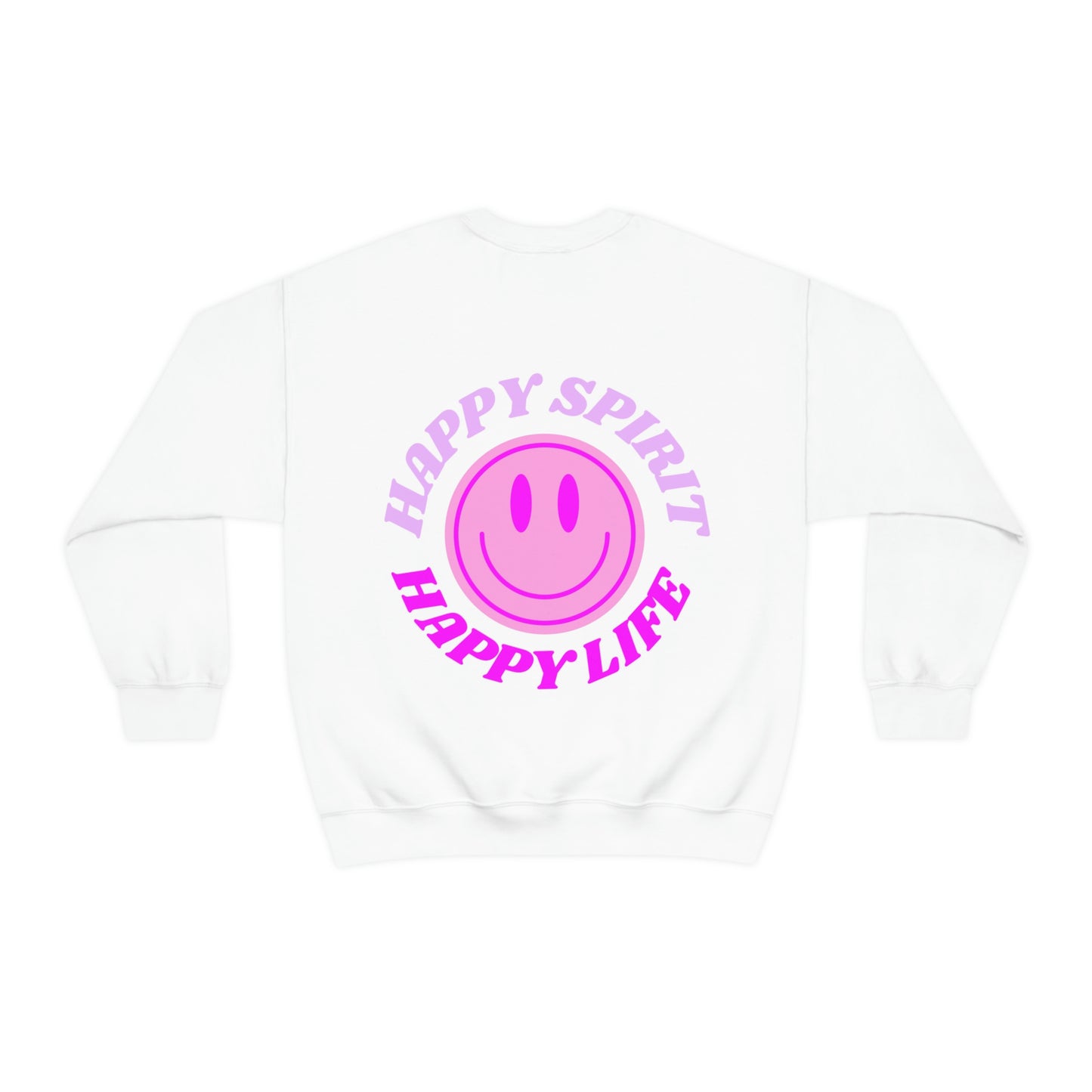 Happy Spirit Happy Life Sweatshirt, Gildan VSCO Girl Crewneck, Oversized Tumblr Front Back Print Smile Happy Mind Trendy Retro Surf Font