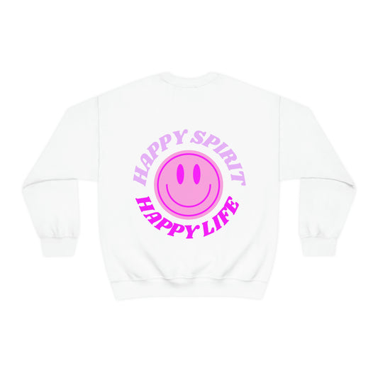 Happy Spirit Happy Life Sweatshirt, Gildan VSCO Girl Crewneck, Oversized Tumblr Front Back Print Smile Happy Mind Trendy Retro Surf Font