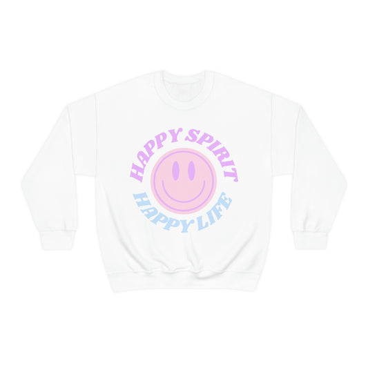 Happy Spirit Happy Life Sweatshirt, VSCO Girl Crewneck, Oversized Retro Font Graphic Tumblr, Front Print Smile Face Trendy Cover Up