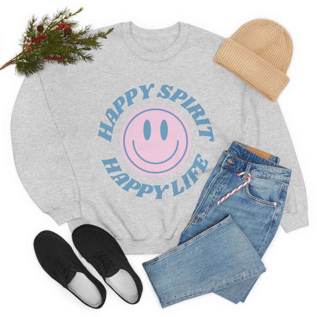 Happy Spirit Happy Life Sweatshirt, VSCO Girl Crewneck, Oversized Retro Font Graphic Tumblr, Front Print Smile Face Trendy Cover Up Top