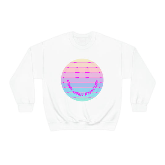 Happy Spirit Happy Life Sweatshirt, VSCO Girl Crewneck, Oversized Retro Font Graphic Tumblr, Front Print Smile Face Trendy Cover Up