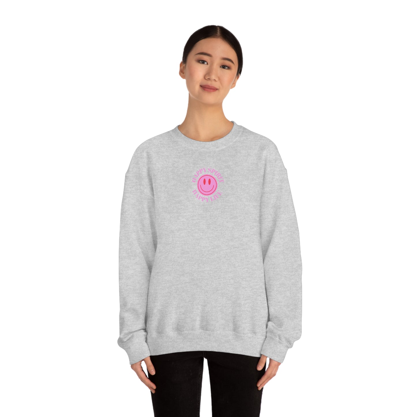 Happy Spirit Happy Life Sweatshirt, Gildan VSCO Girl Crewneck, Oversized Tumblr Front Back Print Smile Happy Mind Trendy Loungewear