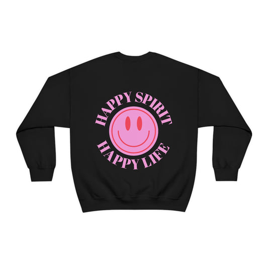 Happy Spirit Happy Life Sweatshirt, Gildan VSCO Girl Crewneck, Oversized Tumblr Front Back Print Smile Happy Mind Trendy Loungewear