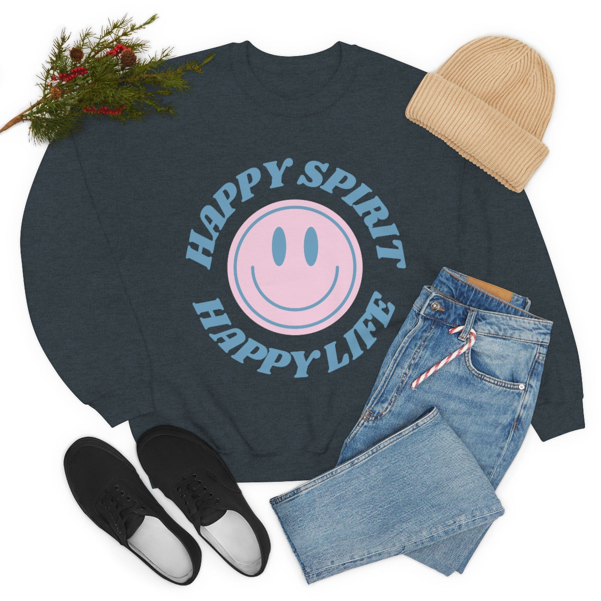 Happy Spirit Happy Life Sweatshirt, VSCO Girl Crewneck, Oversized Retro Font Graphic Tumblr, Front Print Smile Face Trendy Cover Up Top