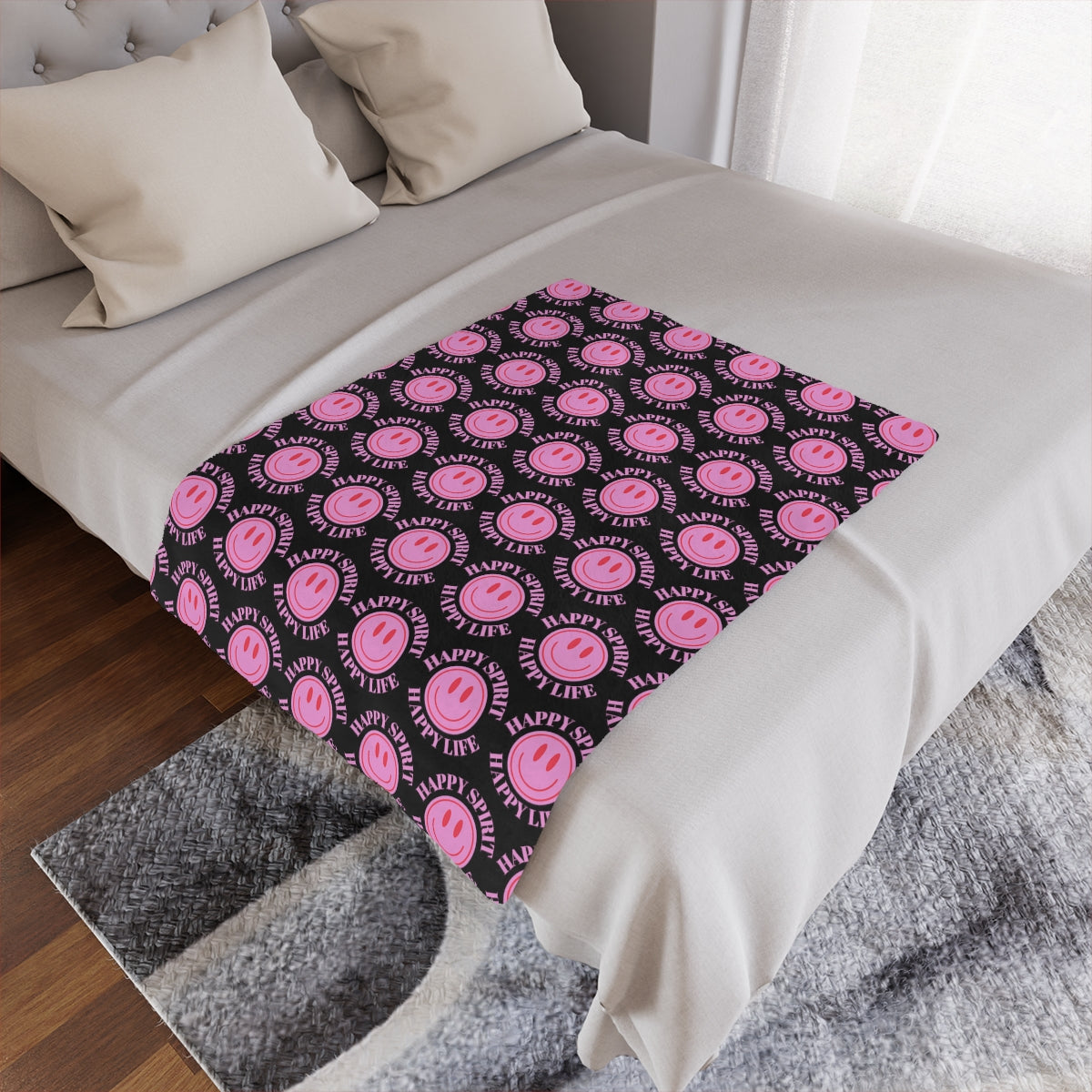 Adult Pink Smile Minky Blanket, Happy Spirit Happy Life Happy Mind Blanket, Aesthetic Blanket, Adult Fleece Smile Pink Y2k Throw