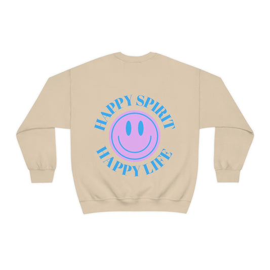 Happy Spirit Happy Life Sweatshirt, Gildan VSCO Girl Crewneck, Oversized Tumblr Front Back Print Smile Happy Mind Trendy Beach Lake Cover Up