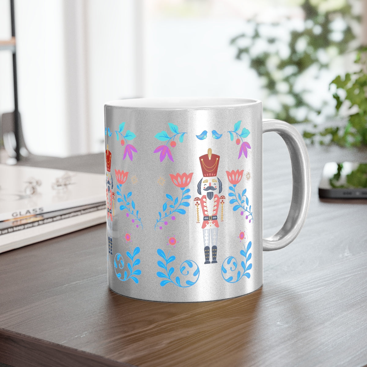 Silver Nutcracker Aesthetic Mug, Purple Flower Christmas Mug, Trendy Coffee Mug, Tumblr Mug, Aesthetic Holiday Gift, Minimalist Nutcracker