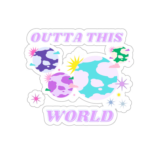 Retro Aesthetic Sticker Outta This World, Happy Mind Positivity Die-Cut Sticker, Pink Purple Galaxy Earth Smile Y2K Graphic