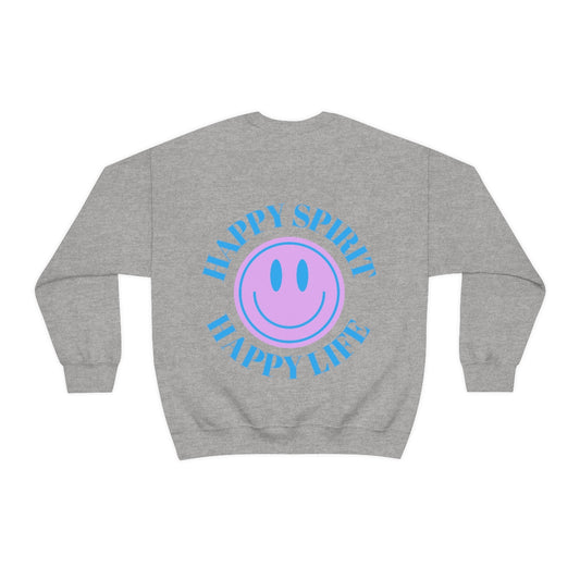 Happy Spirit Happy Life Sweatshirt, Gildan VSCO Girl Crewneck, Oversized Tumblr Front Back Print Smile Happy Mind Trendy Beach Lake Cover Up