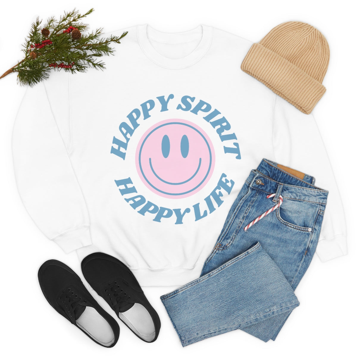 Happy Spirit Happy Life Sweatshirt, VSCO Girl Crewneck, Oversized Retro Font Graphic Tumblr, Front Print Smile Face Trendy Cover Up Top