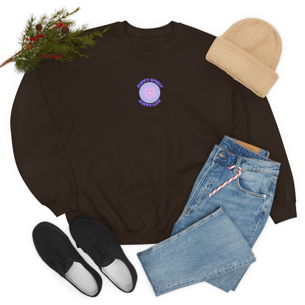 Retro Happy Spirit Happy Life Chocolate and Lavender Lilac Pink Smile Graphic Crewneck, VSCO Girl Sweatshirt, Tumblr Oversized Trendy Back