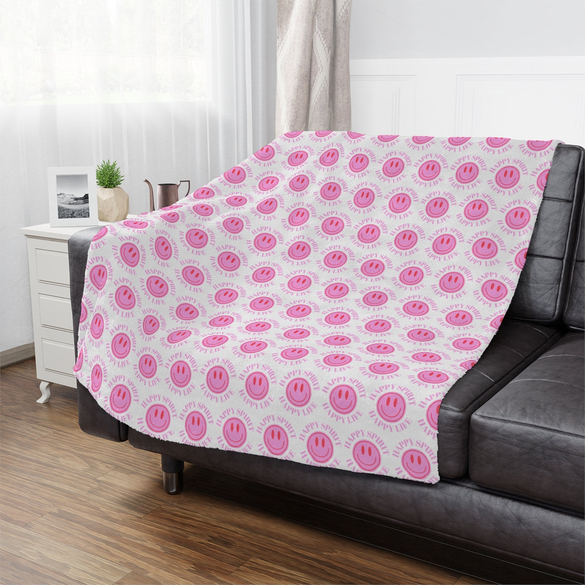 Adult Pink Smile Minky Blanket, Happy Spirit Happy Life Happy Mind Blanket, Aesthetic Blanket, Adult Fleece Smile Pink Y2k Throw