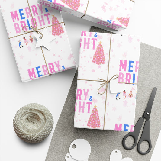 Merry and Bright Gift Wrap Paper, Pink Nutcracker Wrapping Paper, Pastel Christmas Paper, Pink Holiday Wrapping Paper