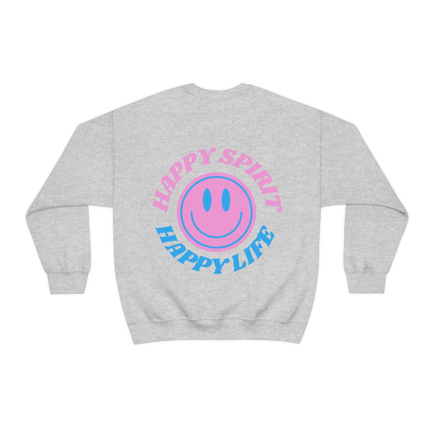 Happy Spirit Happy Life Sweatshirt, Gildan VSCO Girl Crewneck, Oversized Tumblr Front Back Print Smile Happy Mind Trendy Retro Font Surf