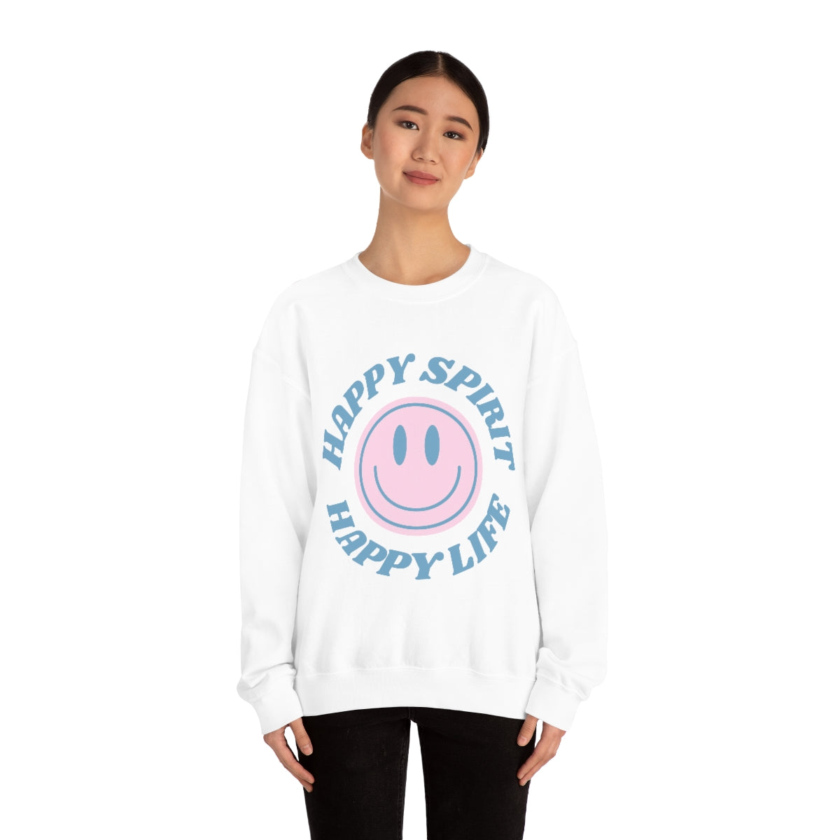 Happy Spirit Happy Life Sweatshirt, VSCO Girl Crewneck, Oversized Retro Font Graphic Tumblr, Front Print Smile Face Trendy Cover Up Top