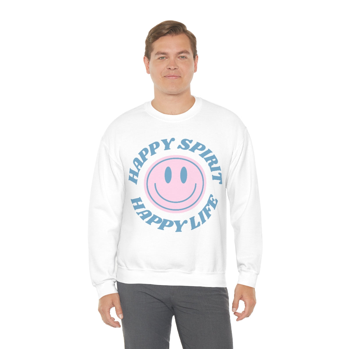 Happy Spirit Happy Life Sweatshirt, VSCO Girl Crewneck, Oversized Retro Font Graphic Tumblr, Front Print Smile Face Trendy Cover Up Top