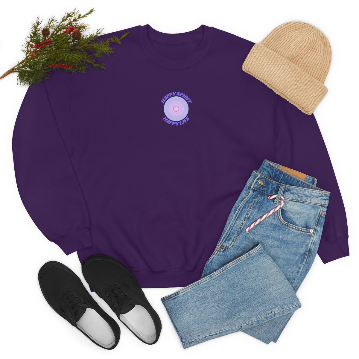 Retro Happy Spirit Happy Life Lavender Lilac Pink Smile Graphic Crewneck, VSCO Girl Sweatshirt, Tumblr Oversized Trendy Back Print Pullover