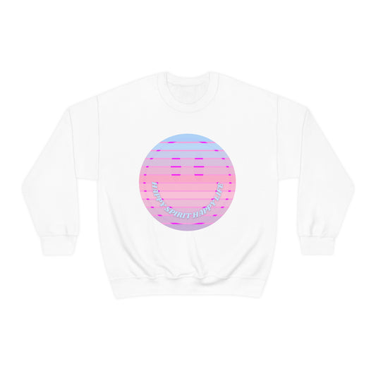Happy Spirit Happy Life Sweatshirt, VSCO Girl Crewneck, Oversized Retro Font Graphic Tumblr, Front Print Smile Face Trendy Cover Up