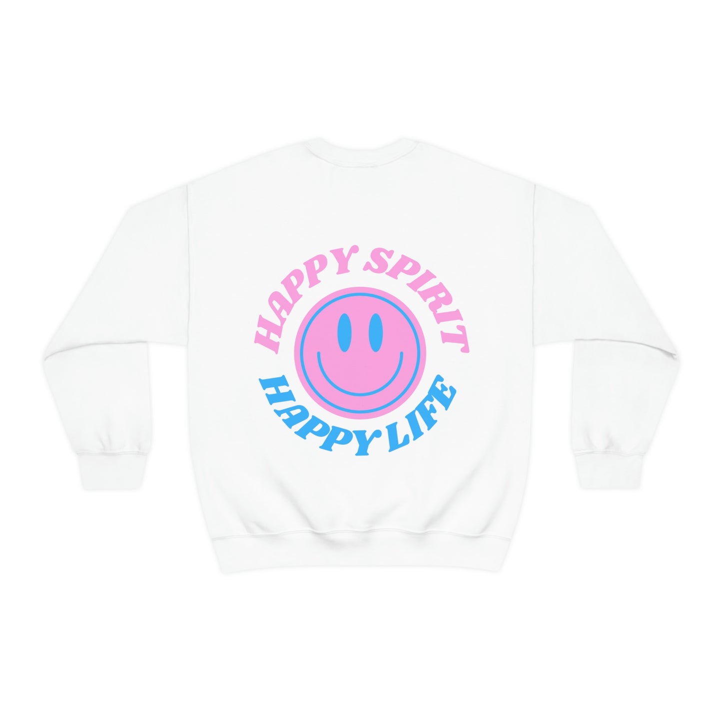 Happy Spirit Happy Life Sweatshirt, Gildan VSCO Girl Crewneck, Oversized Tumblr Front Back Print Smile Happy Mind Trendy Retro Font Surf