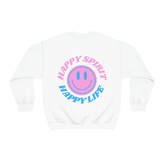 Happy Spirit Happy Life Sweatshirt, Gildan VSCO Girl Crewneck, Oversized Tumblr Front Back Print Smile Happy Mind Trendy Retro Font Surf