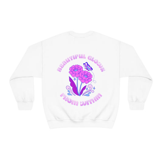 Beautiful Glows from Within Purple Flower Sweatshirt, Oversized Crewneck, Front Back Print Trendy Sweatshirt, Beach Cover Up, Lake Cover Up